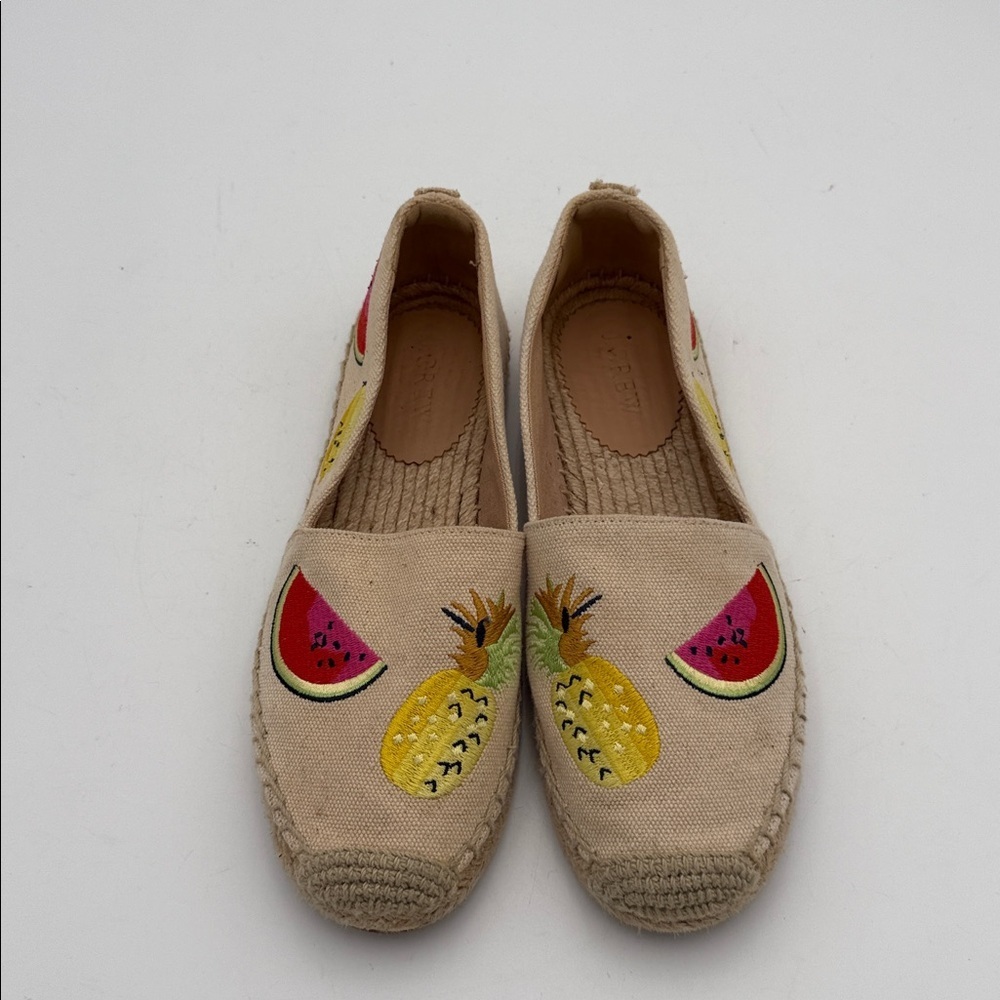 J. Crew Beige Espadrilles Fruit Embroidery canvas women 7.5 slip on beach vacay - Picture 4 of 8